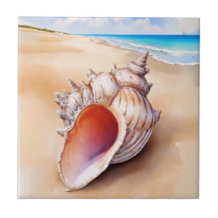 Watercolor Conch Shell on the Beach Ceramic Tile