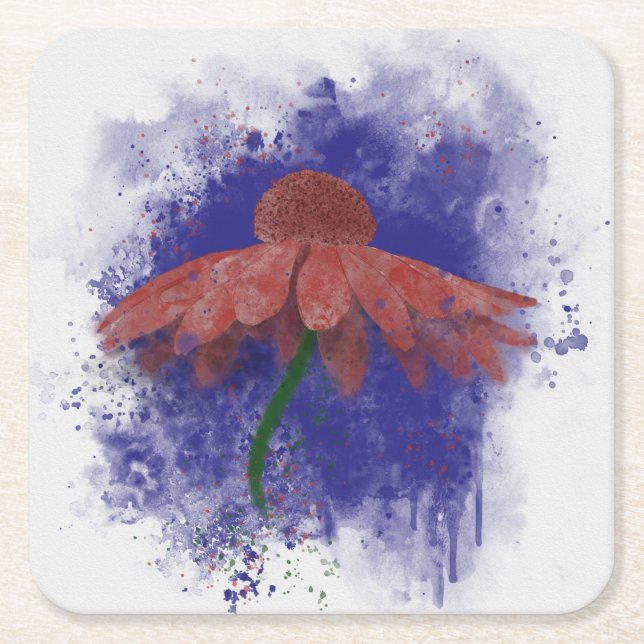 Watercolor Coneflower Square Paper Coaster (Front)