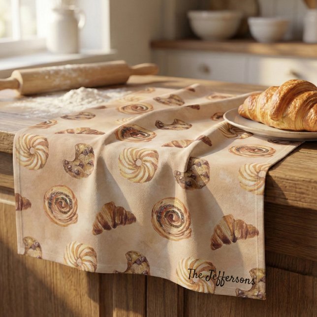Watercolor Confectionery Patisserie Food Brunch Tea Towel (croissant cinnamon roll cookie kitchen towel)