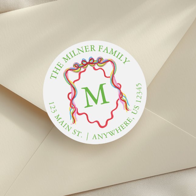 Watercolor Confetti Christmas Bow Monogram Crest Classic Round Sticker (Creator Uploaded)