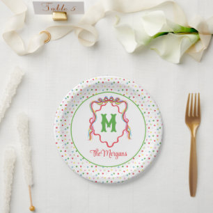 Watercolor Confetti Christmas Bow Monogram Crest Paper Plate