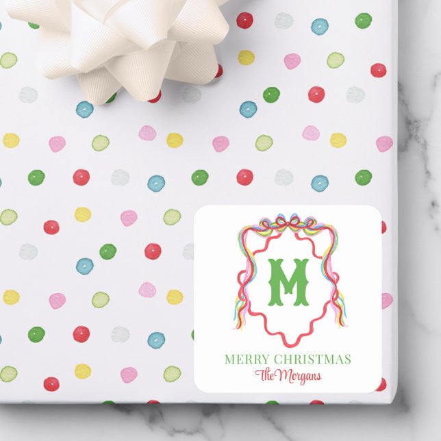 Watercolor Confetti Christmas Bow Monogram Crest Square Sticker (Creator Uploaded)
