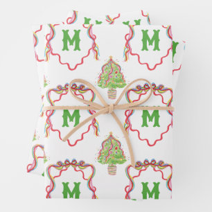 Watercolor Confetti Christmas Trees Monogram Crest Wrapping Paper Sheet
