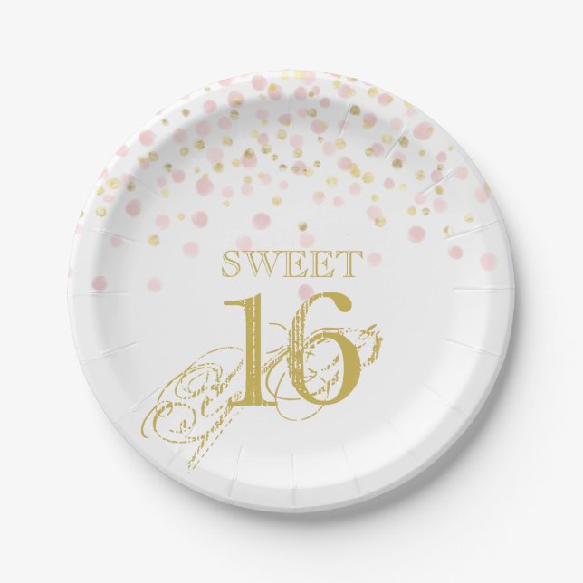 Watercolor Confetti Sweet 16 Elegant Pink Gold Paper Plate (Front)