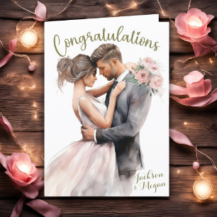 Watercolor Congrats To Bride & Groom With Names Card