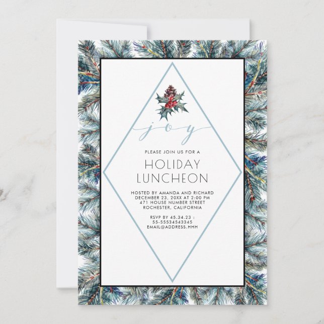 Watercolor Conifier and Pinecones Holiday Luncheon Invitation (Front)