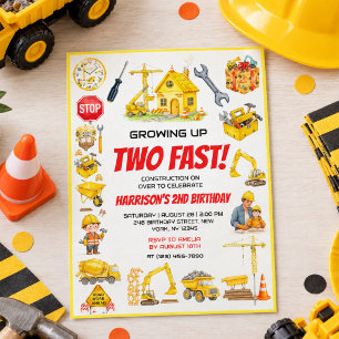 Watercolor Construction 2nd Birthday Party Invitation