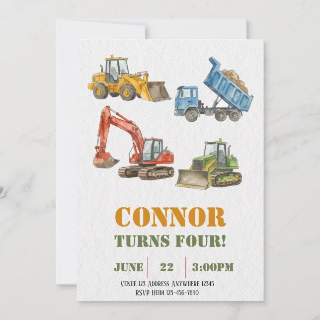 Watercolor Construction Minimalist Birthday Invitation (Front)