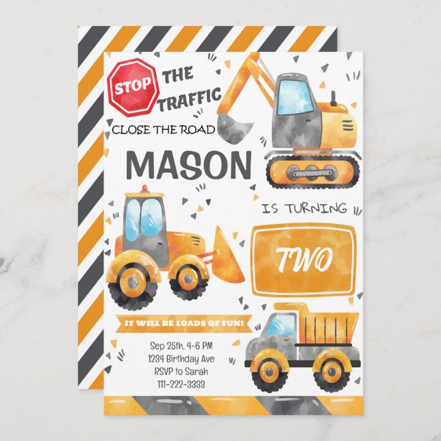 Watercolor Construction Trucks Birthday Invitation (Front/Back)