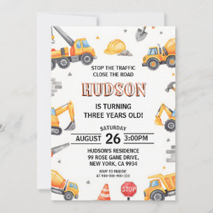 Watercolor Construction Trucks Boys 3rd Birthday Invitation