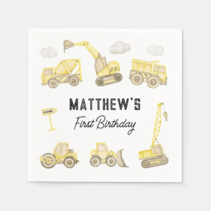 Watercolor Construction Vehicle First Birthday Napkin