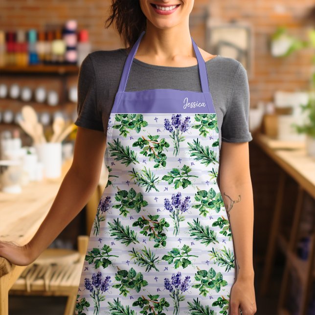 Watercolor Cooking Herbs and Lavender Pattern Apron (Just the right ingredient to dazzle everyone and stay fashionable while you're cooking up a storm.)