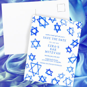 Watercolor Cool Blue Star of David Bar Bat Mitzvah Announcement Postcard