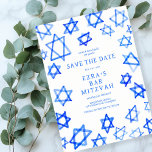 Watercolor Cool Blue Star of David Bar Bat Mitzvah Save The Date<br><div class="desc">Perfect card to announce the upcoming date of a bat mitzvah, bar mitzvah or other Jewish celebration! Hand made watercolor art for you on the front and back side! FULLY CUSTOMIZABLE! Click on “Personalise” above to edit the text. Click "edit using design tool" to adjust the fonts, colours and placements...</div>