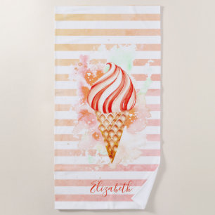 Watercolor Cool Ice Cream Pink Stripes Beach Towel