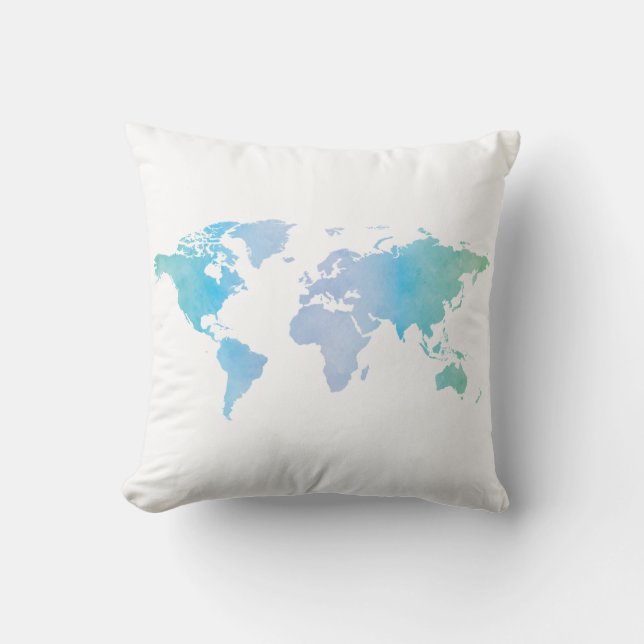 Watercolor Cool World Map Cushion (Front)