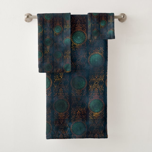 Watercolor Copper Patina Damask Pattern Towel (Insitu)