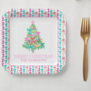 Watercolor Coquette Bow Christmas Tree Paper Plate