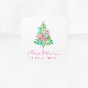 Watercolor Coquette Bow Christmas Tree Square Sticker