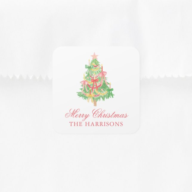 Watercolor Coquette Bow Christmas Tree Square Sticker (Creator Uploaded)