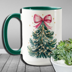 Watercolor Coquette Bow Glitter Christmas Tree Mug