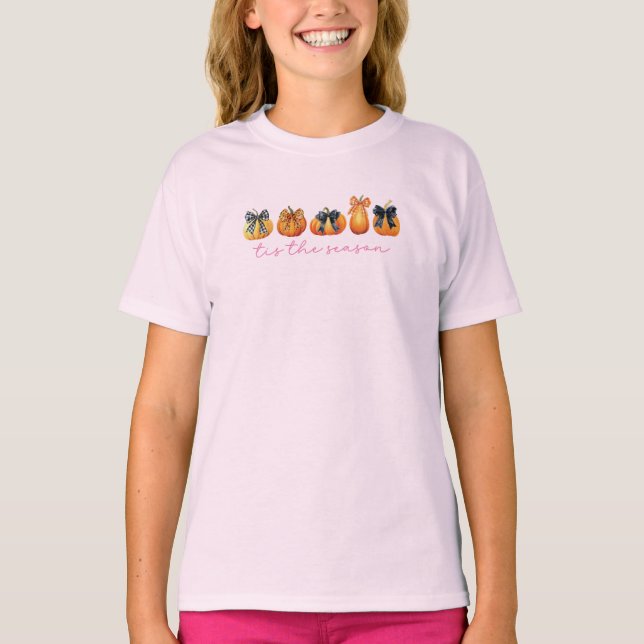 Watercolor Coquette Bow Pumpkin Fall Thanksgiving T-Shirt (Front)