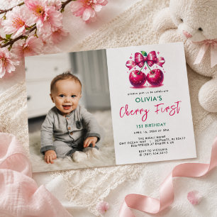 Watercolor Coquette Cherry 1st Birthday Invitation