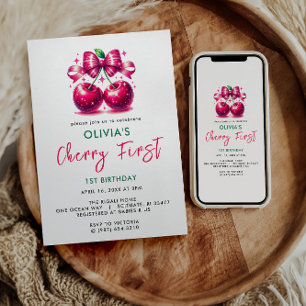Watercolor Coquette Cherry 1st Birthday Invitation