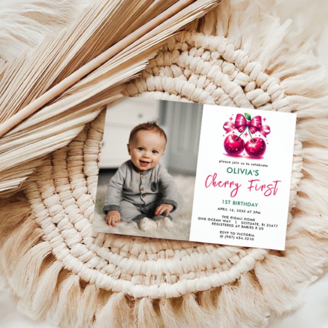 Watercolor Coquette Cherry 1st Birthday Invitation (Creator Uploaded)