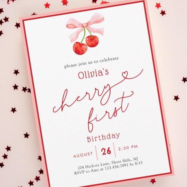 Watercolor Coquette Cherry First 1st Birthday Invitation (Creator Uploaded)