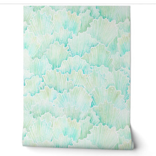Watercolor Coral Fan Pattern Soft Teal and Mint on Wallpaper