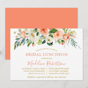 Watercolor Coral Floral Gold Bridal Shower Lunch Invitation