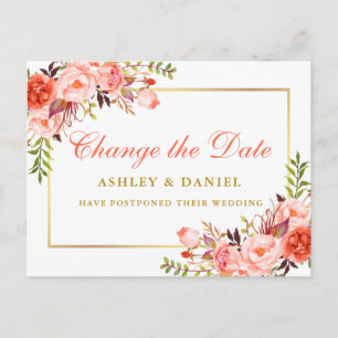 Watercolor Coral Floral Gold Change The Date Postcard