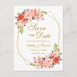 Watercolor Coral Floral Gold Frame Save the Date Announcement Postcard