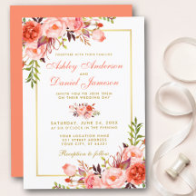 Watercolor Coral Floral Gold Frame Wedding