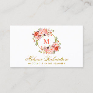 Watercolor Coral Floral Gold Monogram Business Card