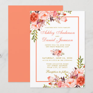 Watercolor Coral Floral Gold Wedding Invitation