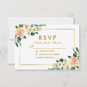 Watercolor Coral Floral Gold Wedding RSVP