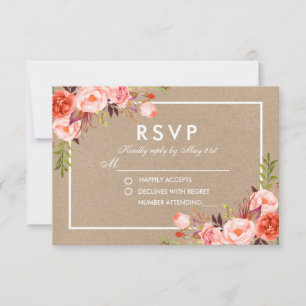 Watercolor Coral Floral Kraft RSVP Wedding Card