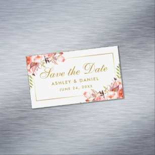 Watercolor Coral Floral Save The Date Mini Magnet