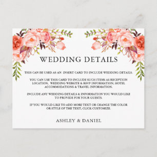 Watercolor Coral Floral Wedding Details Card