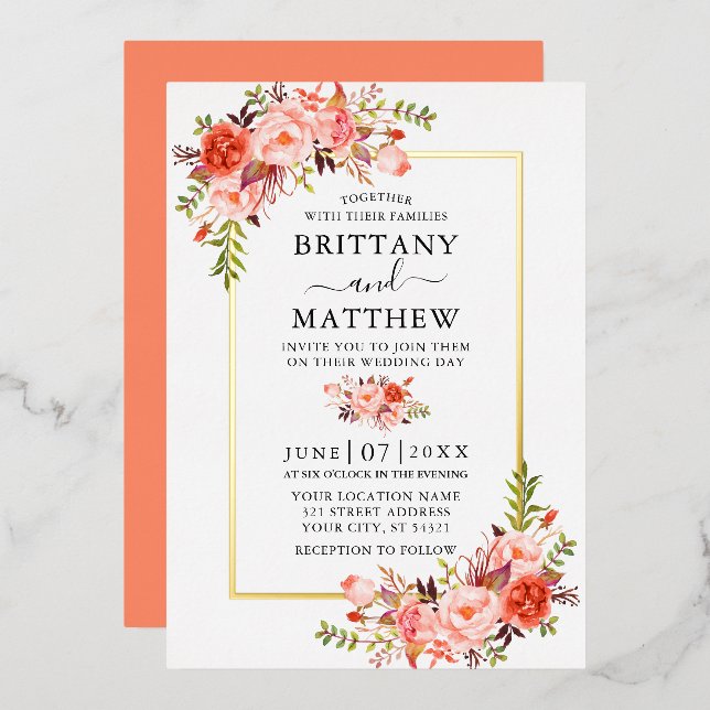 Watercolor Coral Floral Wedding Gold (Front/Back)