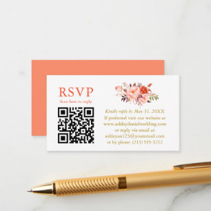 Watercolor Coral Floral Wedding QR Gold RSVP Enclosure Card