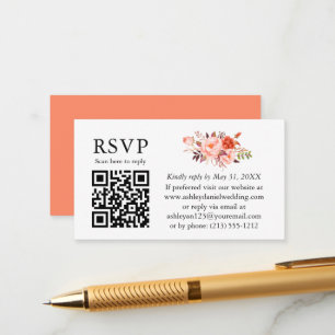 Watercolor Coral Floral Wedding QR RSVP Enclosure Card