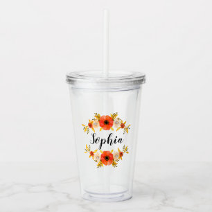 Watercolor Coral Floral Wreath Custom Name Acrylic Tumbler