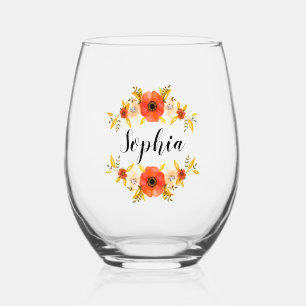 Watercolor Coral Floral Wreath Custom Name Stemless Wine Glass