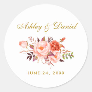 Watercolor Coral Gold Floral Wedding Classic Round Sticker