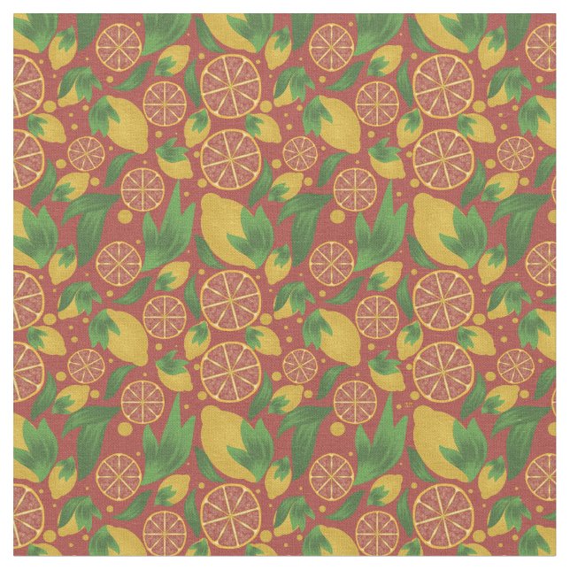 Watercolor Coral Lemon Fruit Pattern  Fabric (Close Up)