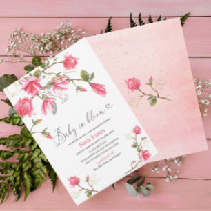 Watercolor Coral Magnolia Baby in bloom Baby Showe Invitation