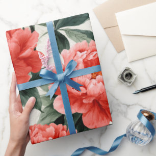 Watercolor Coral Peony Cream Floral Pattern Wrapping Paper